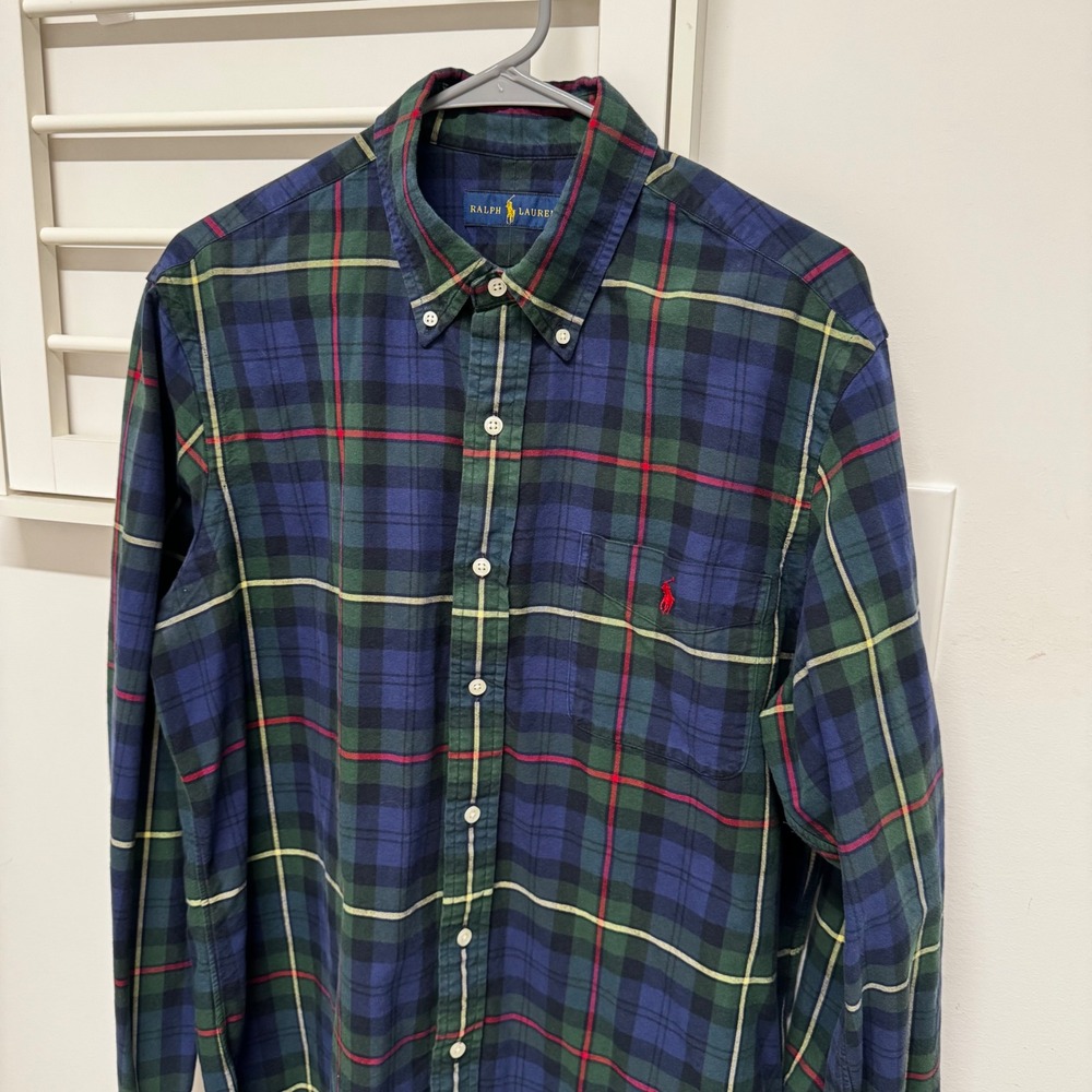 Ralph Lauren Mens Plaid Button Down Shirt Navy Green Red Cotton Large Pony Logo - Picture 3 of 9